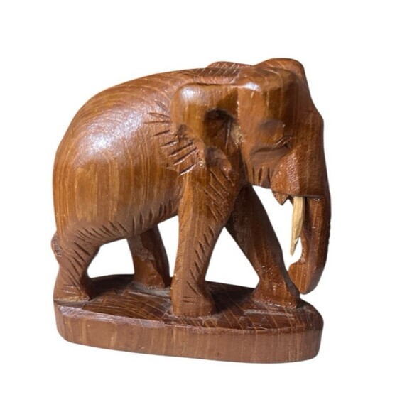 Vintage Hand Carved Teakwood Elephant Sculpture Tusks on Base 4 x 4" - Picture 4 of 6
